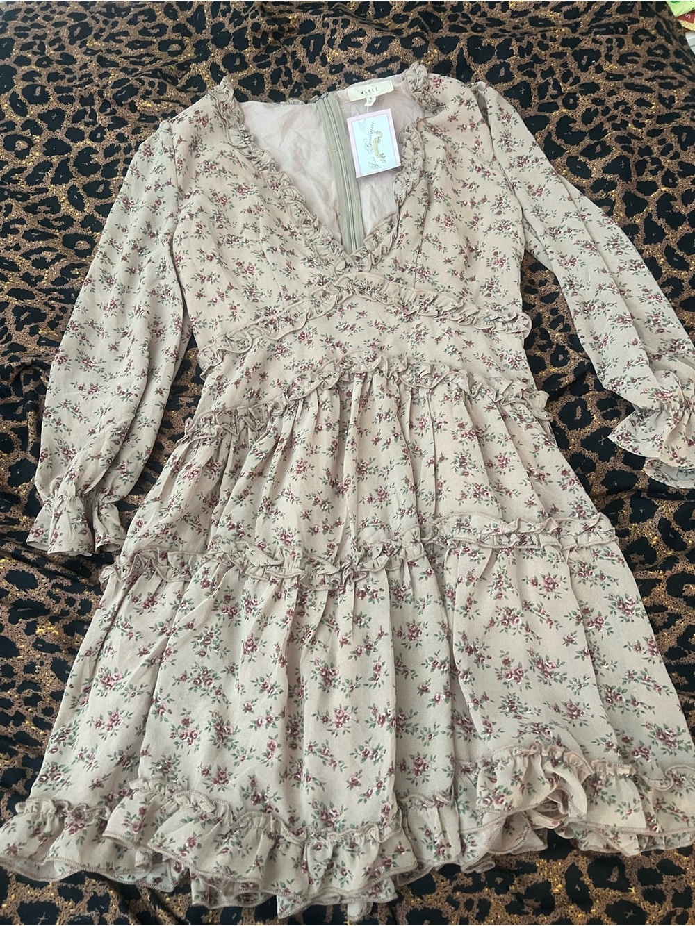 Bliss Beige Floral Ruffle Midi Dress